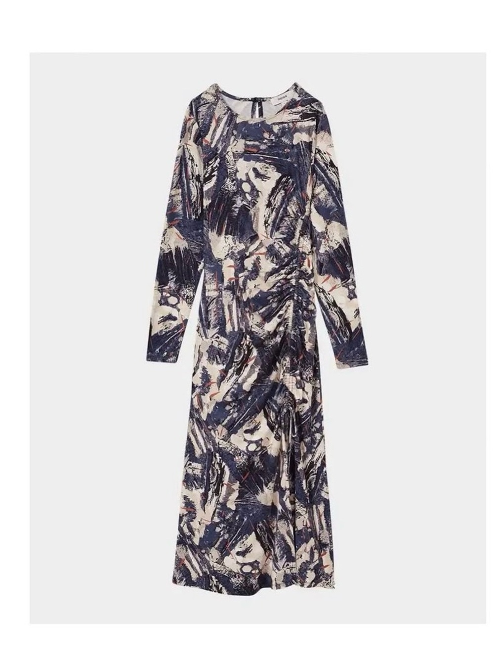 Reiss Abstract Brushstroke Long-Sleeve Maxi Dress in Navy and Cream